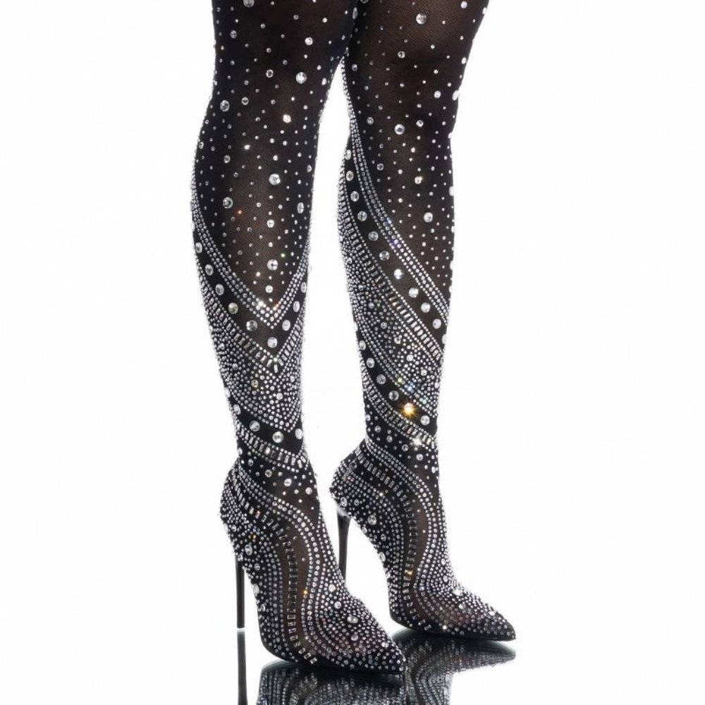Studded Black Rhinestone Thigh-High Stiletto Boots